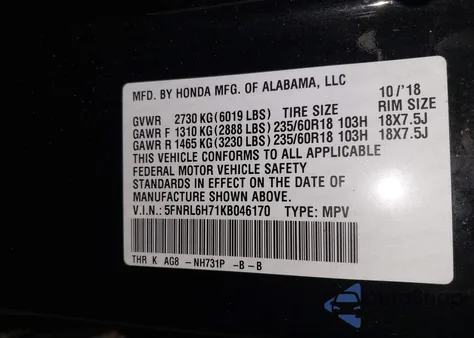2019 Honda Odyssey Ex-L z USA, uszkodzony, nr VIN 5FNRL6H71KB046170